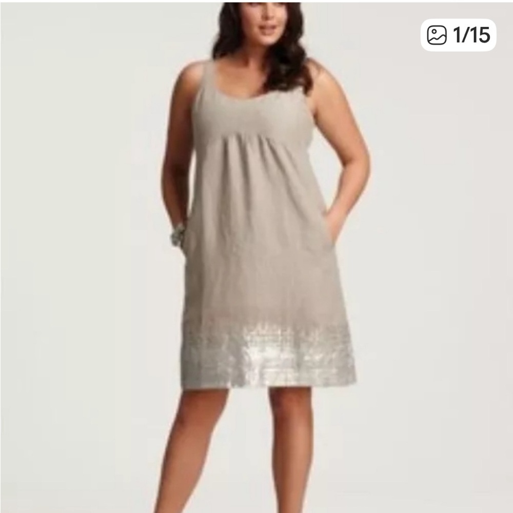 EILEEN FISHER Organic Linen Tank Dress with Sequined Hem. Size 14. - Picture 2 of 12